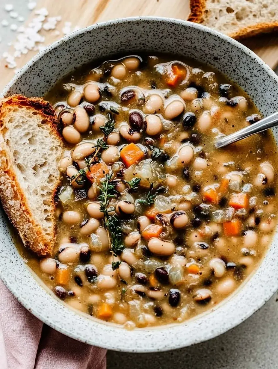 Un bol de soupe consistante aux haricots, garnie de thym frais et servie avec une tranche de pain.