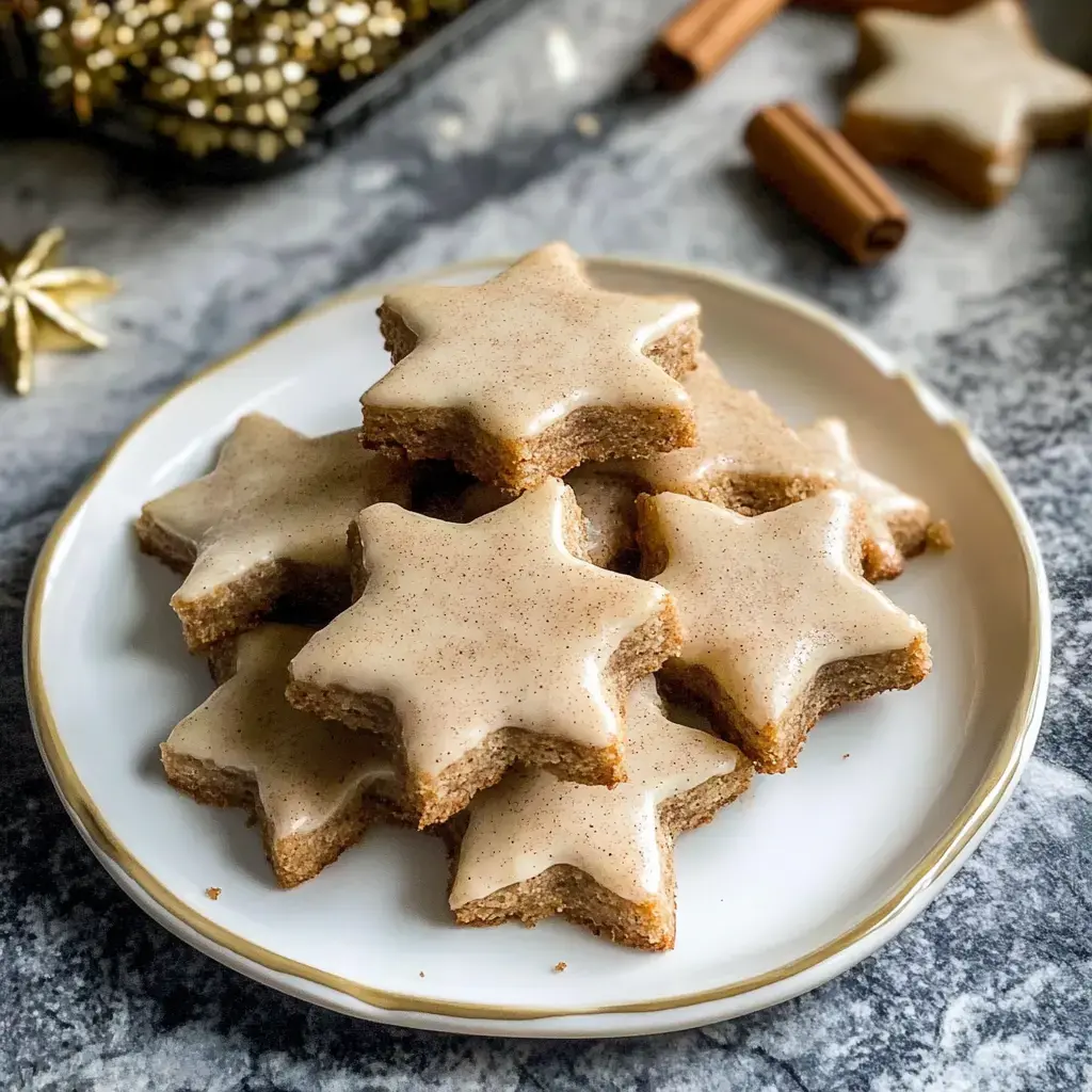 L'image montre plusieurs biscuits glacés en forme d'étoile disposés sur une assiette blanche.