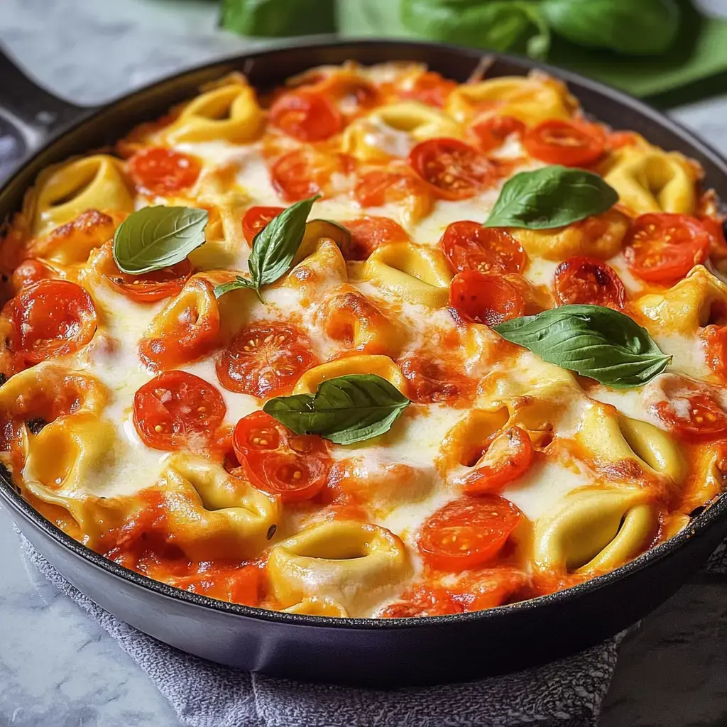 Un gratin de tortellini savoureux avec sauce tomate, mozzarella fondue et basilic frais par-dessus.