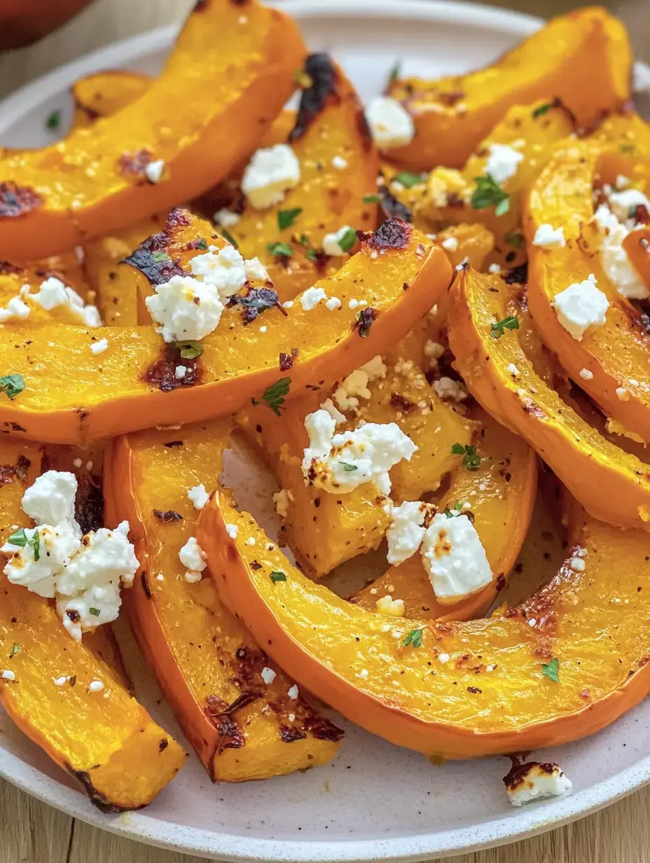 Morceaux de courge rôtis parsemés de feta et de persil sur une assiette claire.