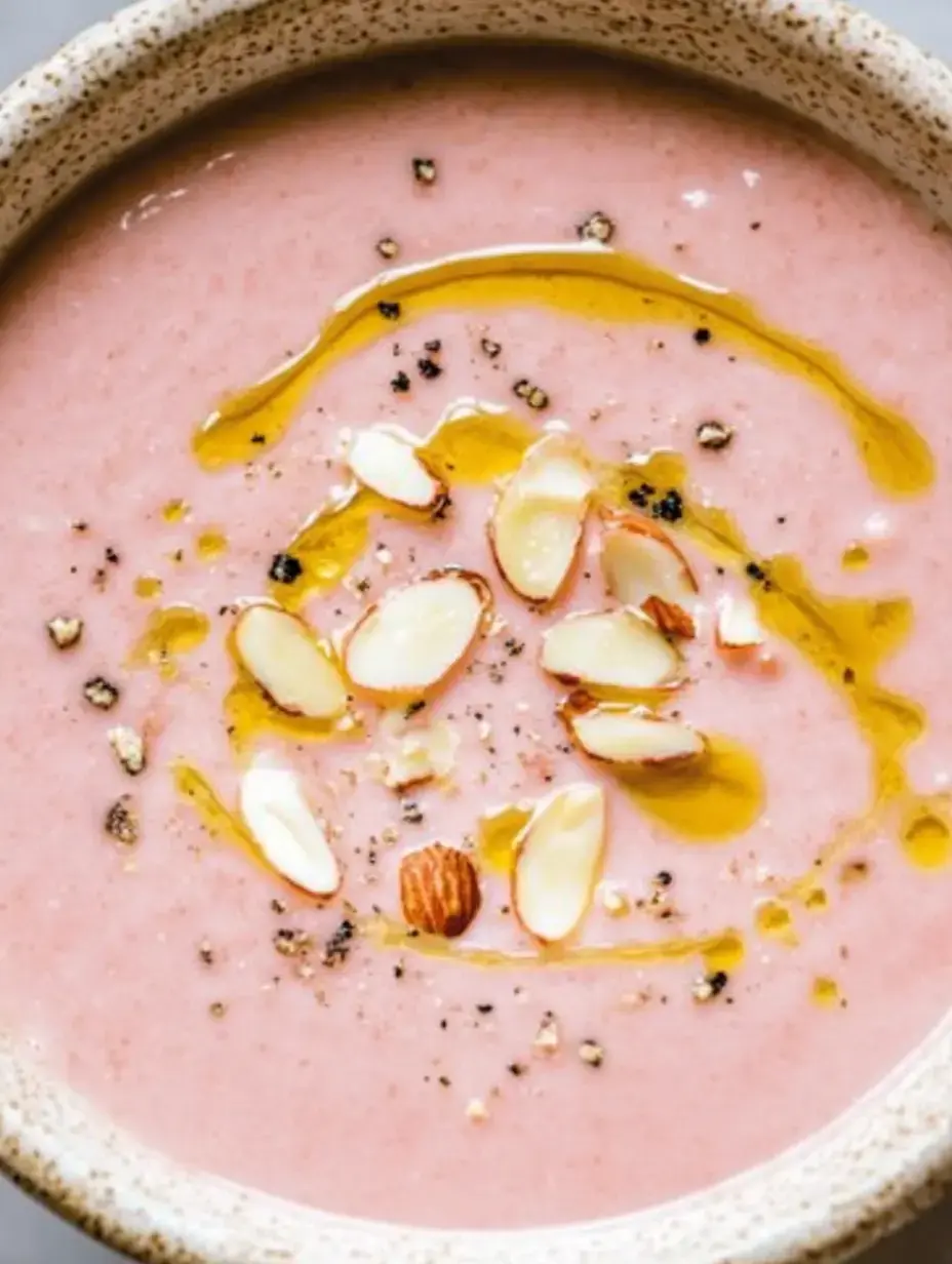 Un bol de soupe rose, garni d'amandes effilées et d'un filet d'huile d'olive.