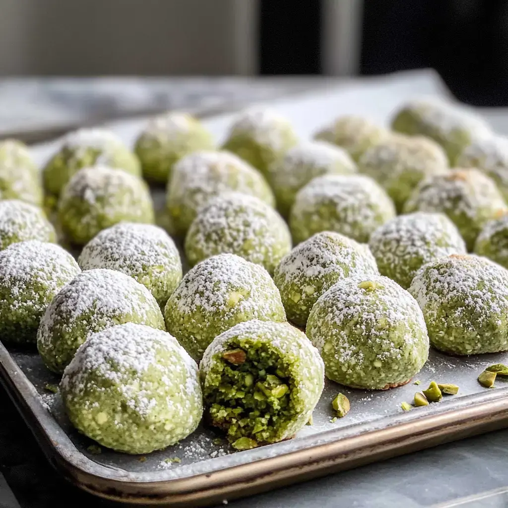 Une assiette de biscuits verts saupoudrés de sucre glace, dont l'un est coupé en deux révélant un intérieur à la pistache.