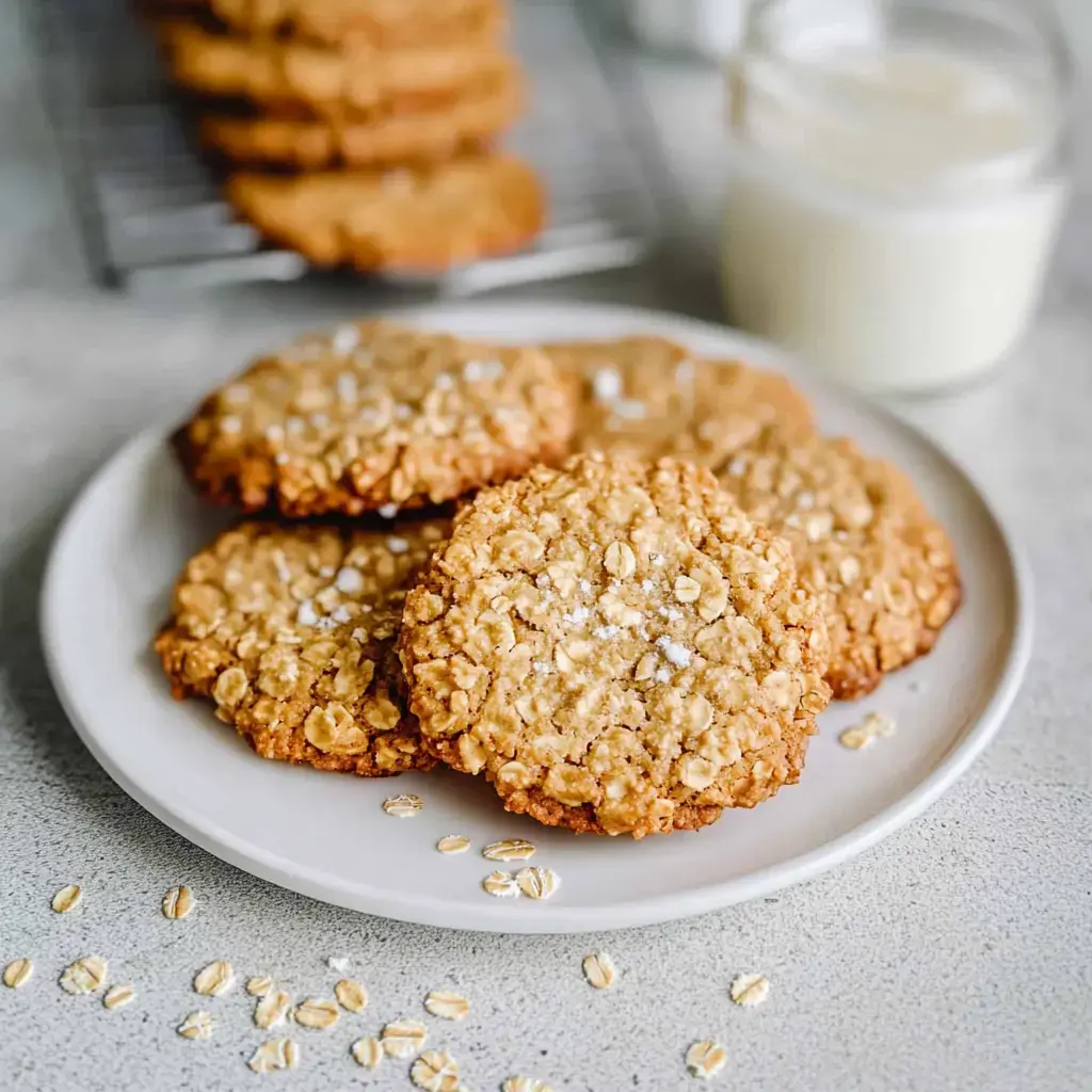 Des cookies à l'avoine tout juste sortis du four, avec des flocons d'avoine éparpillés autour et un verre de lait dans le coin.