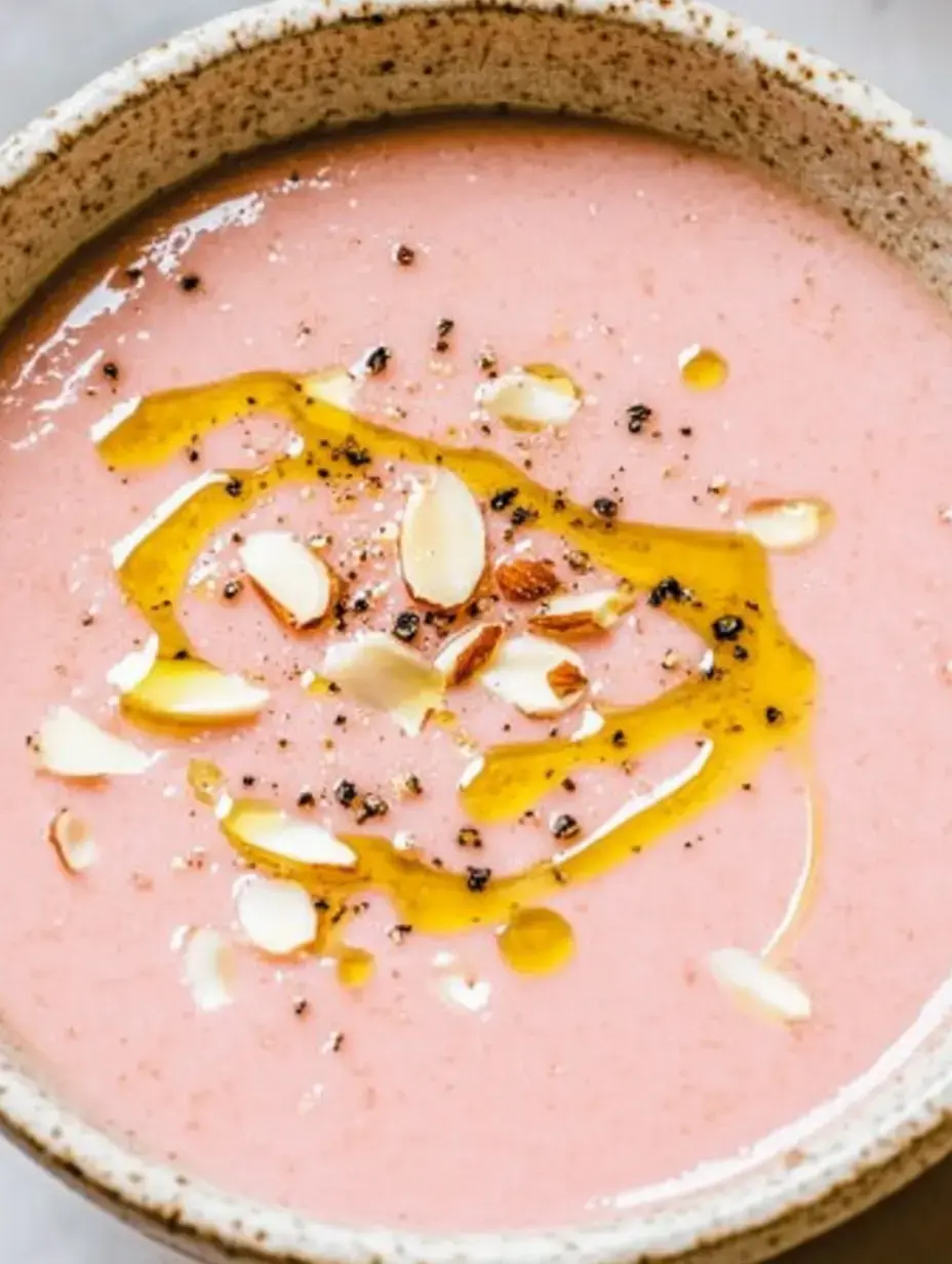 Un bol de soupe rose, garni d'huile d'olive, d'amandes effilées et de grains de poivre noir.