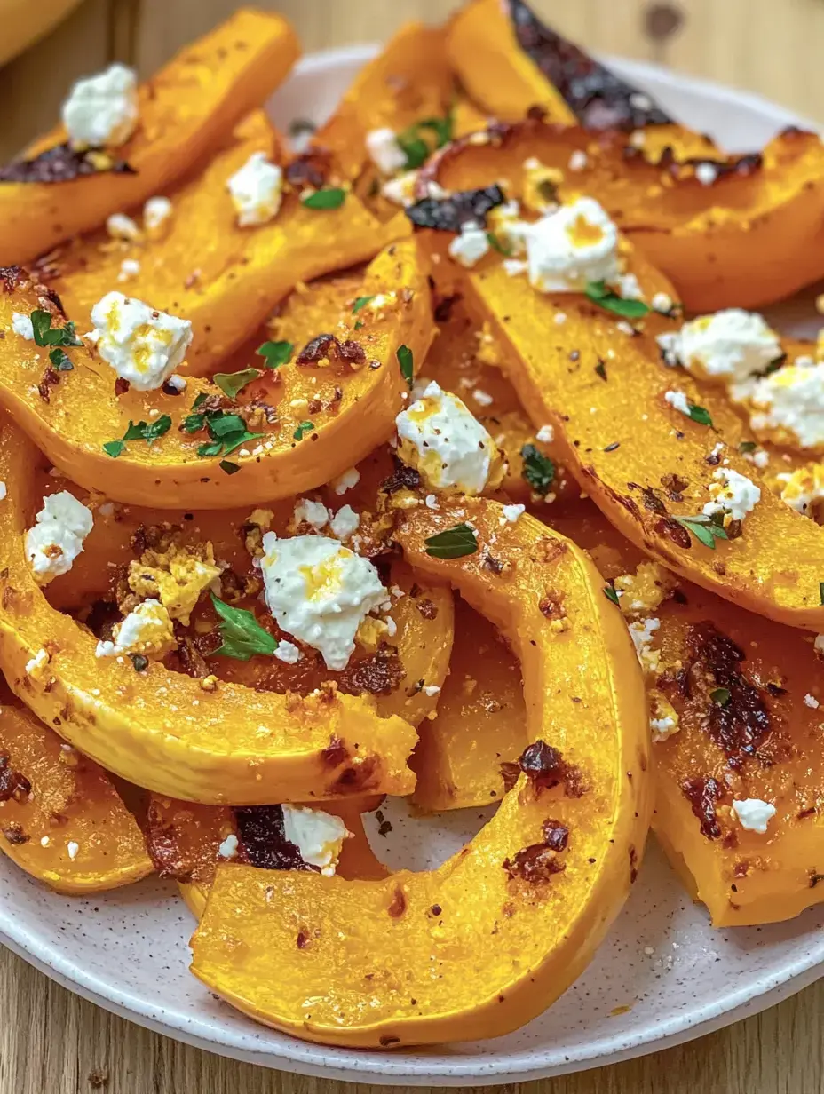 Morceaux de courge cuits au four avec de la feta émiettée et des herbes sur une assiette blanche.