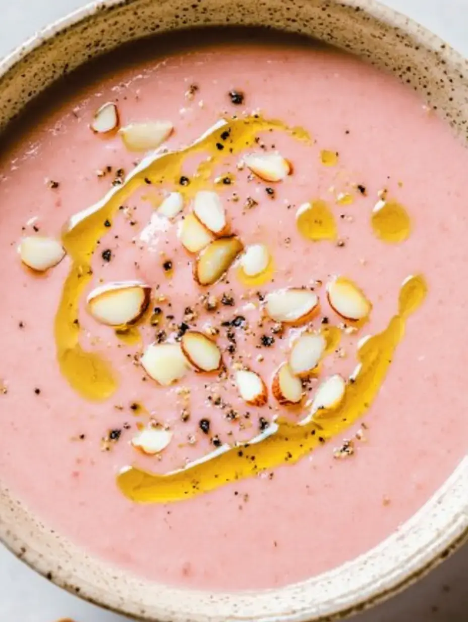Une soupe crémeuse rose avec de l'huile d'olive, des amandes effilées et du poivre noir dans un bol.