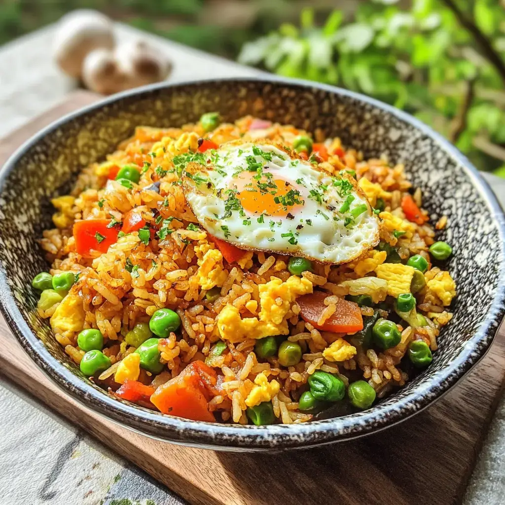 Un bol de riz sauté, garni d'un œuf au plat et d'herbes fraîches, entouré de petits pois et de poivrons.