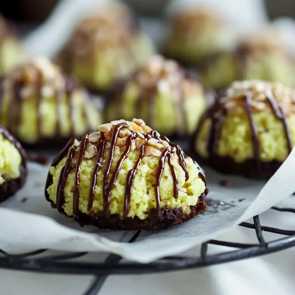 Macarons verts à la noix de coco décorés de chocolat et éclats de fruits secs alignés sur une grille métallique.