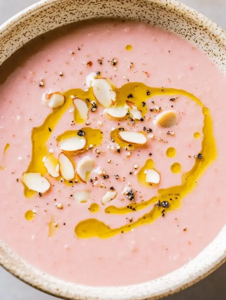 Un bol de soupe rose, garni d'huile d'olive, de morceaux d'amandes et d'épices.
