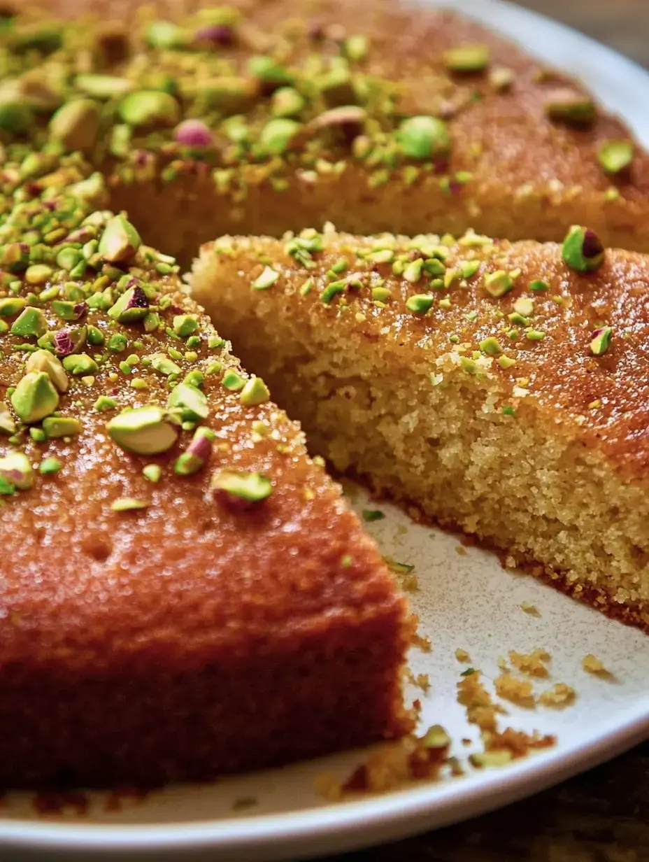 Une portion de gâteau décorée de pistaches sur une assiette, avec un autre morceau déjà coupé.