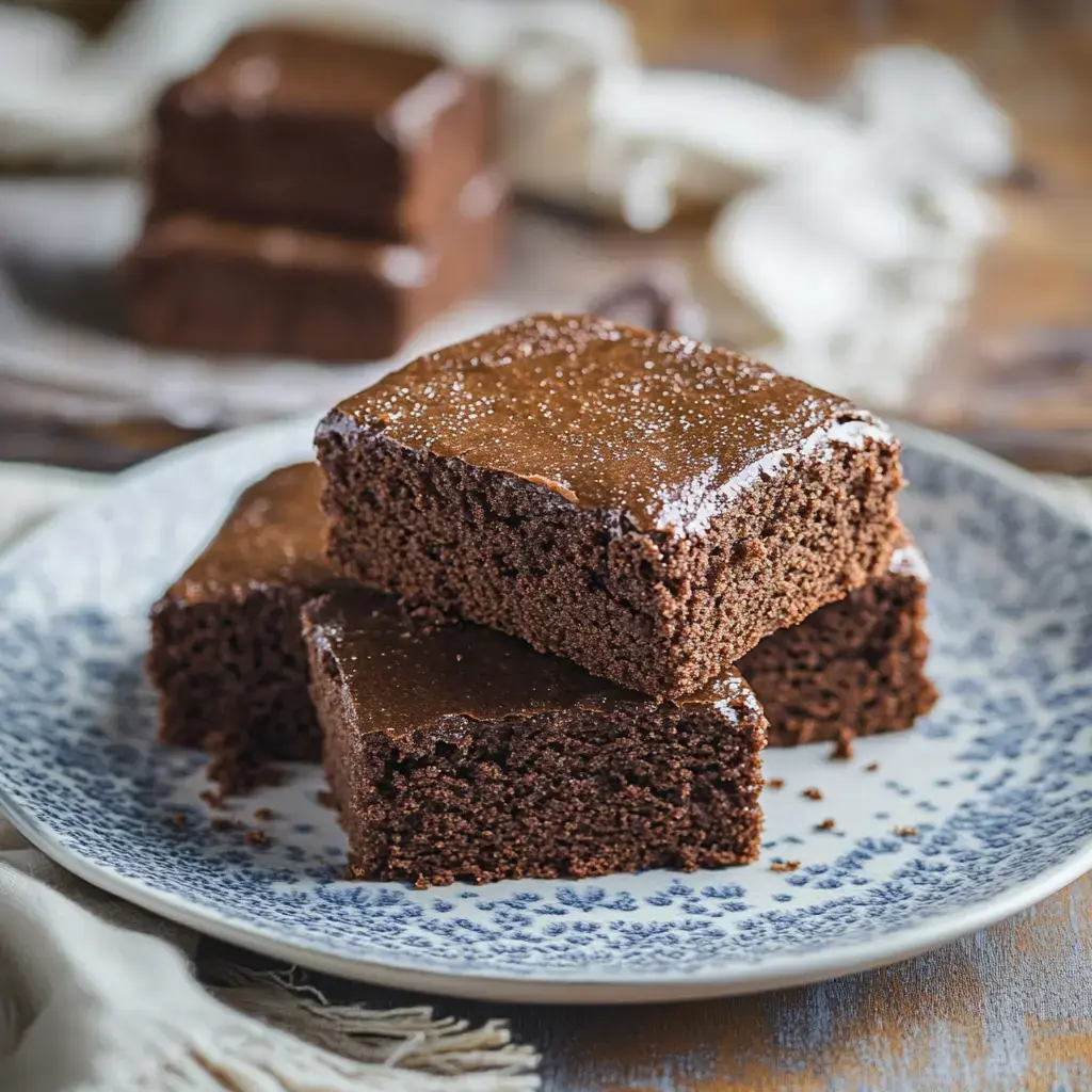 Trois parts juteuses de gâteau chocolaté sur un joli plat décoratif.