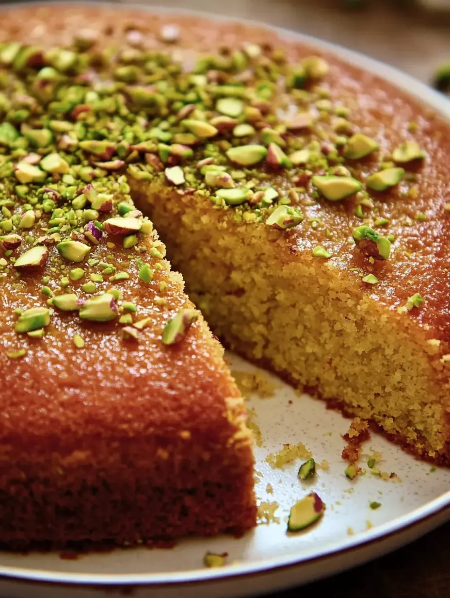 Un gâteau couvert de pistaches hachées présenté sur un plat, avec une tranche déjà servie.