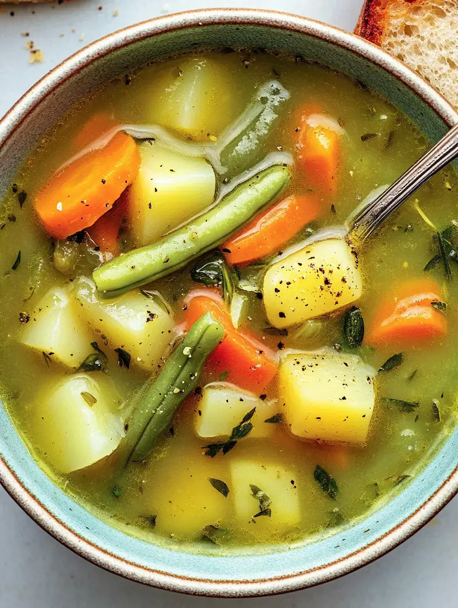Un bol de soupe aux légumes avec carottes, pommes de terre et haricots verts, servi avec un morceau de pain.