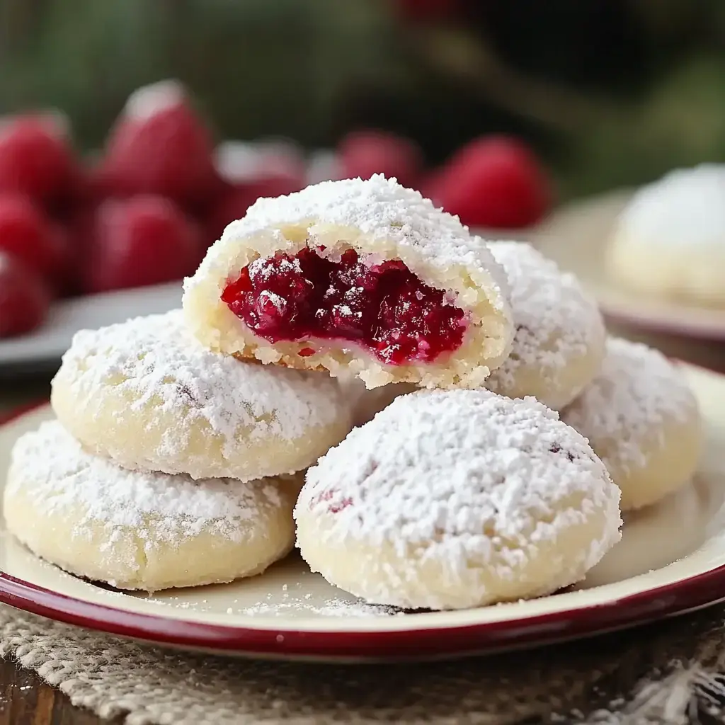 Petits biscuits poudrés de sucre blanc avec un cœur rouge éclatant aux fruits, présentés dans une jolie assiette.