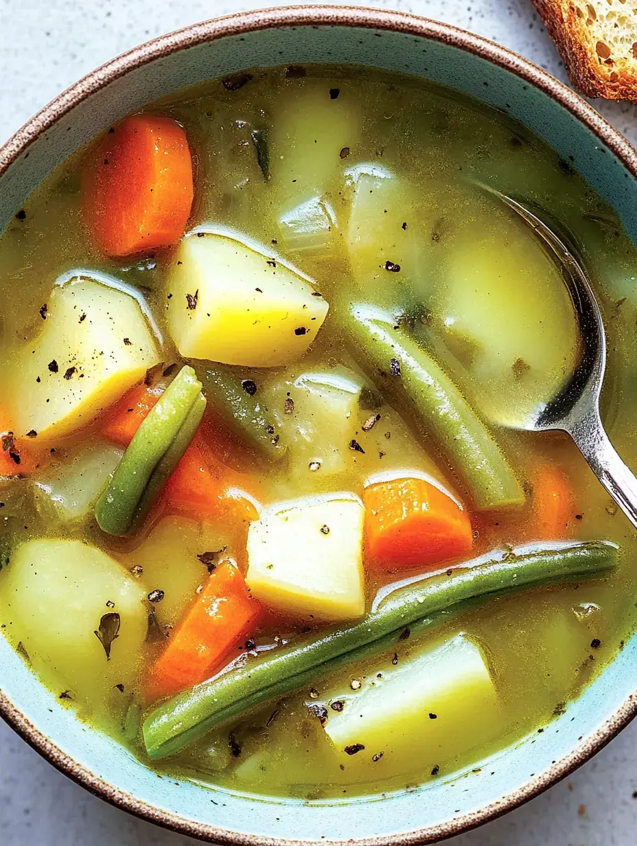 Un bol de bouillon de légumes rempli de pommes de terre, carottes et haricots verts.