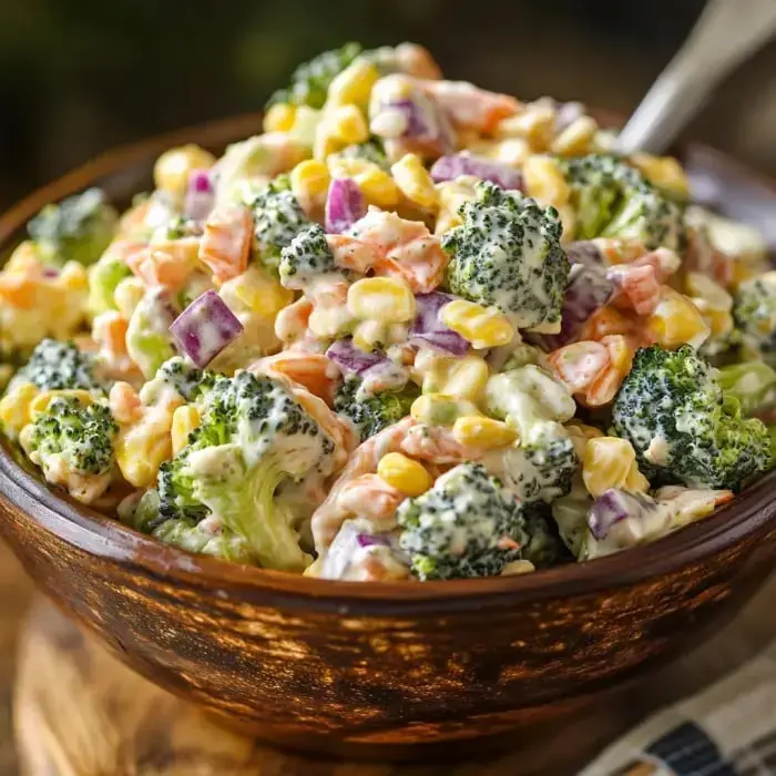 Un bol avec un mélange coloré de salade de brocoli et maïs dans un plat en bois.