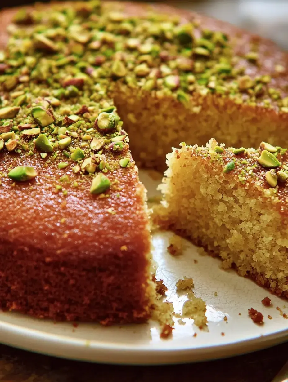 Un gâteau aux pistaches entamé sur un plat, recouvert de pistaches broyées.