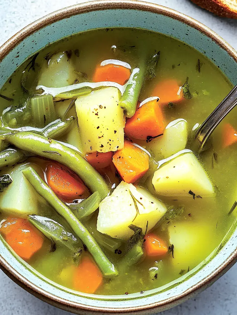 Un bol contenant une soupe colorée aux légumes avec pommes de terre, carottes et haricots verts.