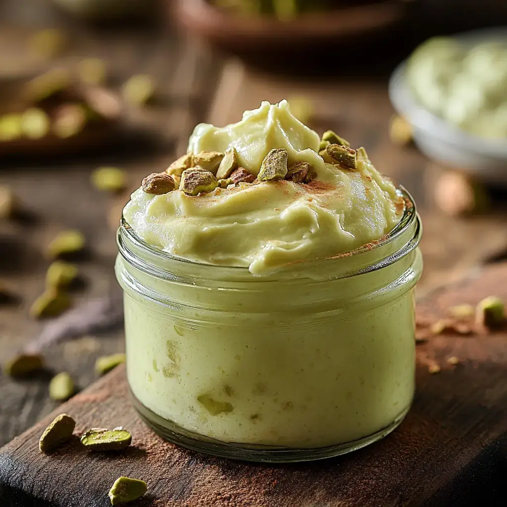 Un contenant rempli de crème verte pistache garnie de morceaux de pistaches, présenté sur une planche en bois naturel.