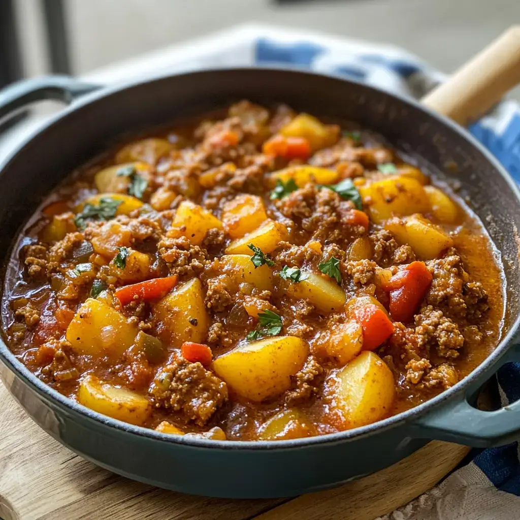Un ragoût avec pommes de terre, viande hachée et légumes dans une marmite noire.