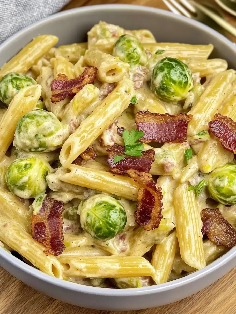 Un bol de pâtes crémeuses mélangées avec des pennes, des choux de Bruxelles et des lardons dorés.