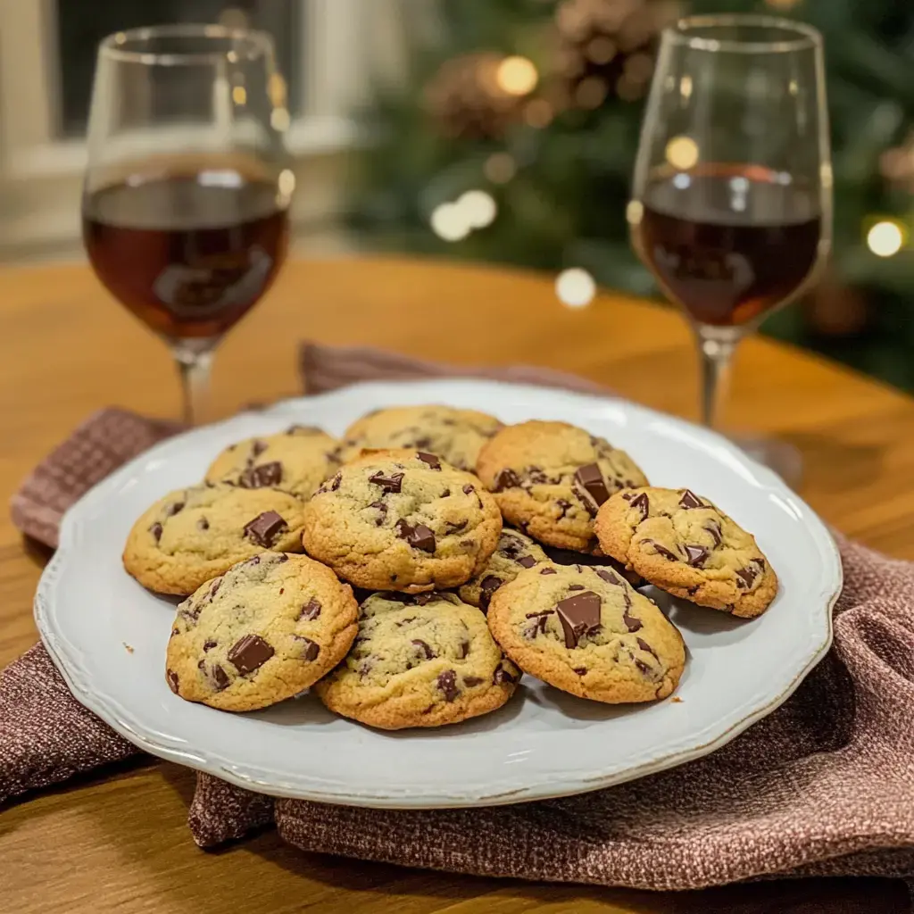 Une assiette de biscuits au chocolat posée sur une table, à côté de deux verres de vin rouge dans une ambiance festive.