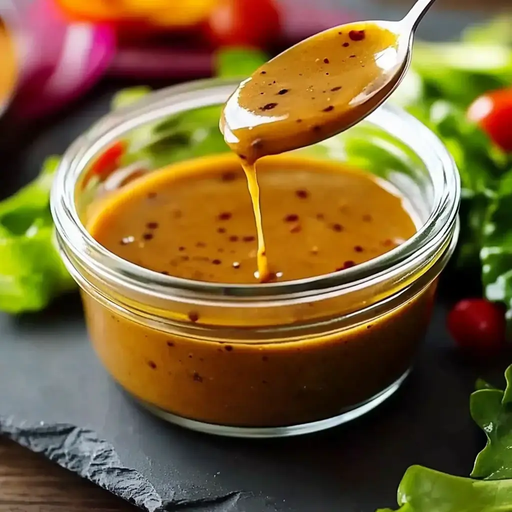 Une sauce brune épicée dans un pot avec une cuillère qui la sert, entourée de verdure et légumes frais.