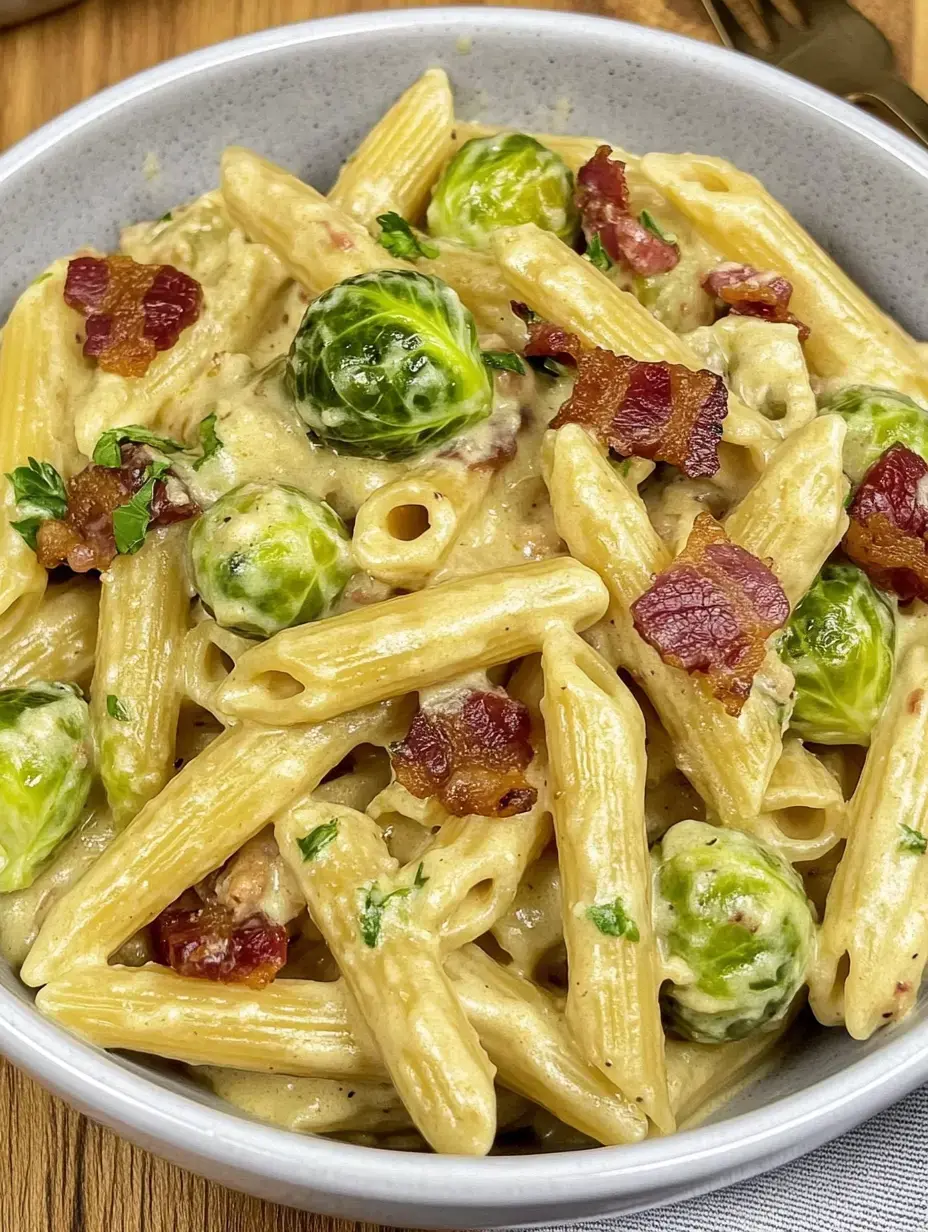 Un plat de pâtes avec choux de Bruxelles, morceaux de lardons et sauce onctueuse.