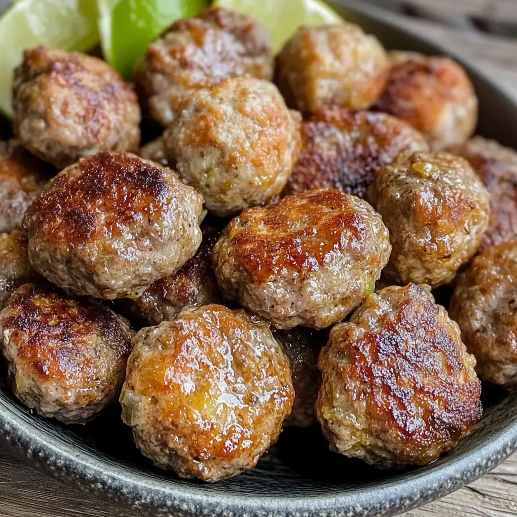 Des boulettes de viande dorées servies avec des morceaux de citron vert.