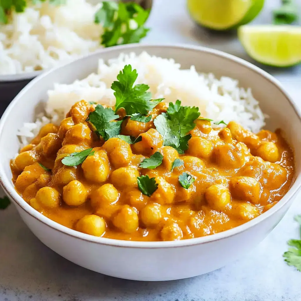 Curry crémeux aux pois chiches parsemé de coriandre, servi avec du riz blanc moelleux.