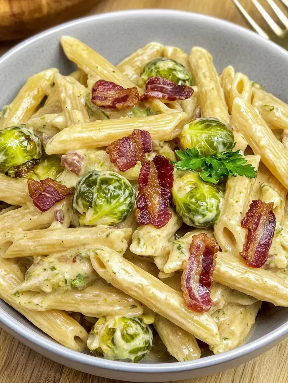 Une assiette appétissante de pennes aux choux de Bruxelles et lardons dans une sauce blanche.