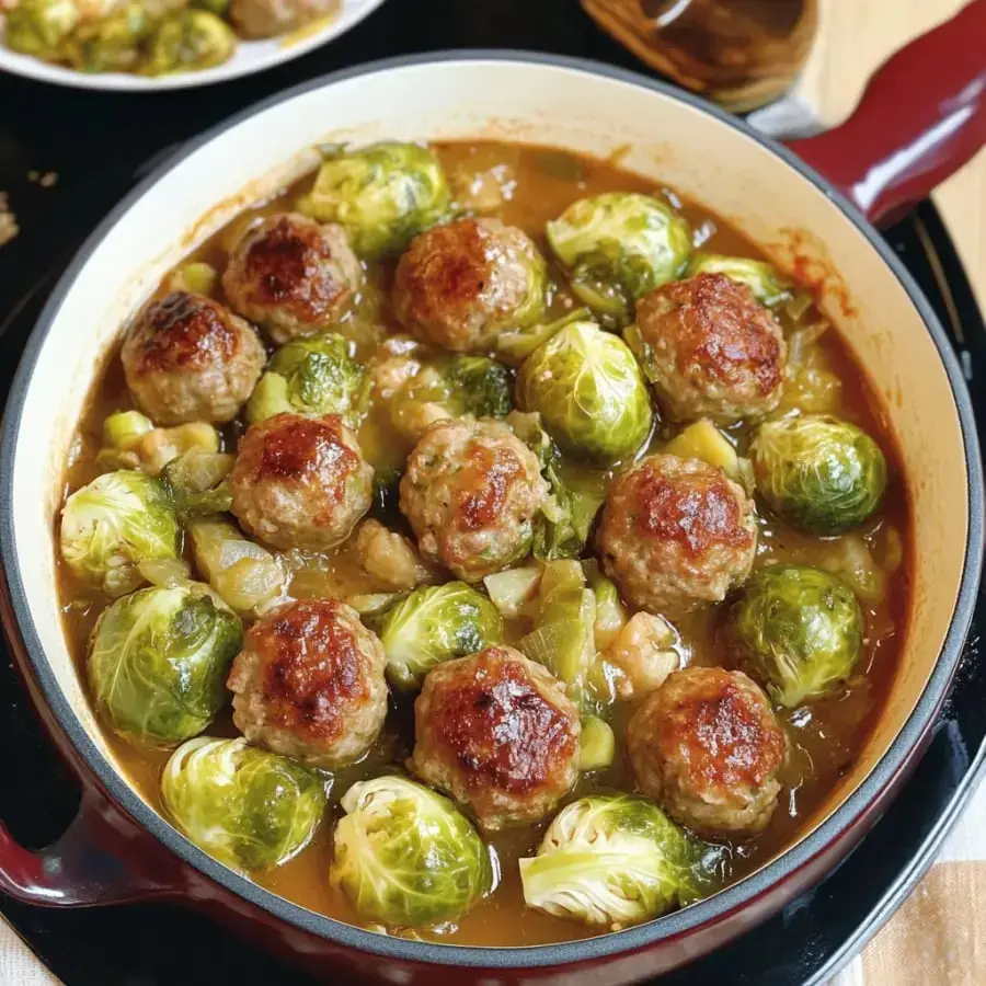 Une casserole remplie de boulettes et choux de Bruxelles dans un bouillon crémeux.