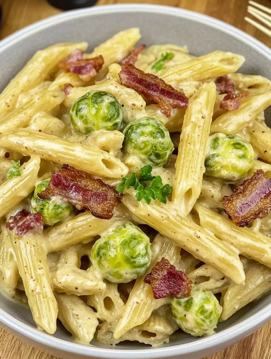 Un plat de pâtes à la moutarde avec choux de Bruxelles et morceaux de lardons dorés.