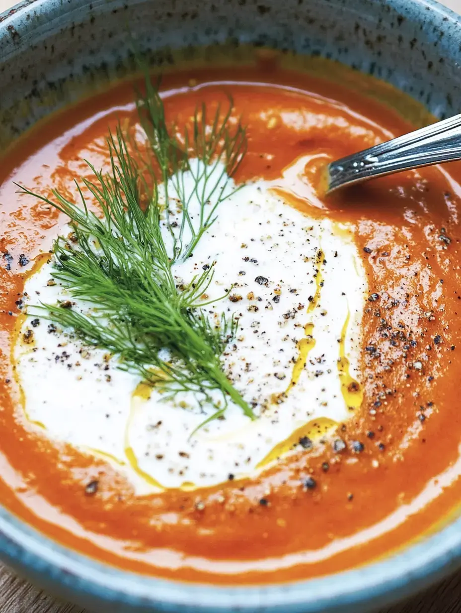 Un bol de soupe de tomates avec de la crème, un filet d'huile d'olive et de l'aneth frais.