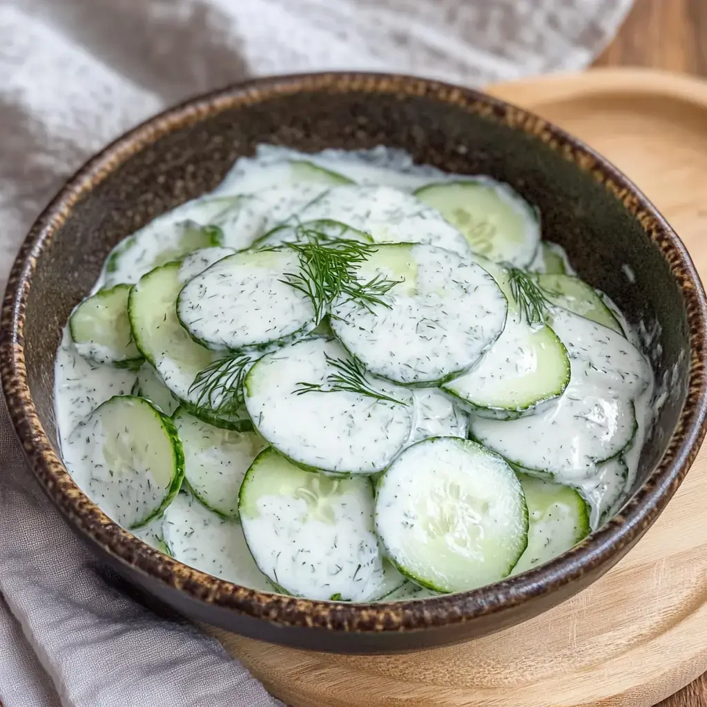 Un bol de tranches de concombre dans une vinaigrette crémeuse à l'aneth.