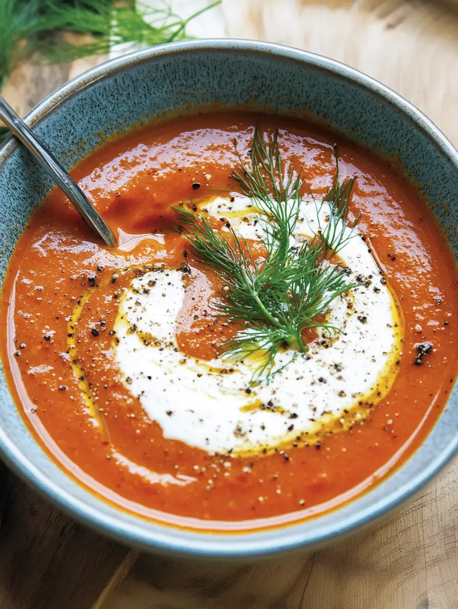 Un bol de soupe à la tomate, garni de crème, d'aneth et de poivre noir.