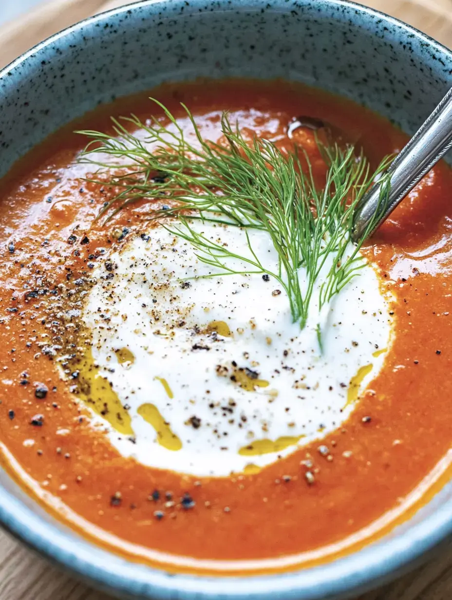 Un bol de soupe de tomates, garni d'une touche de crème, d'huile d'olive et de branches d'aneth fraîches.