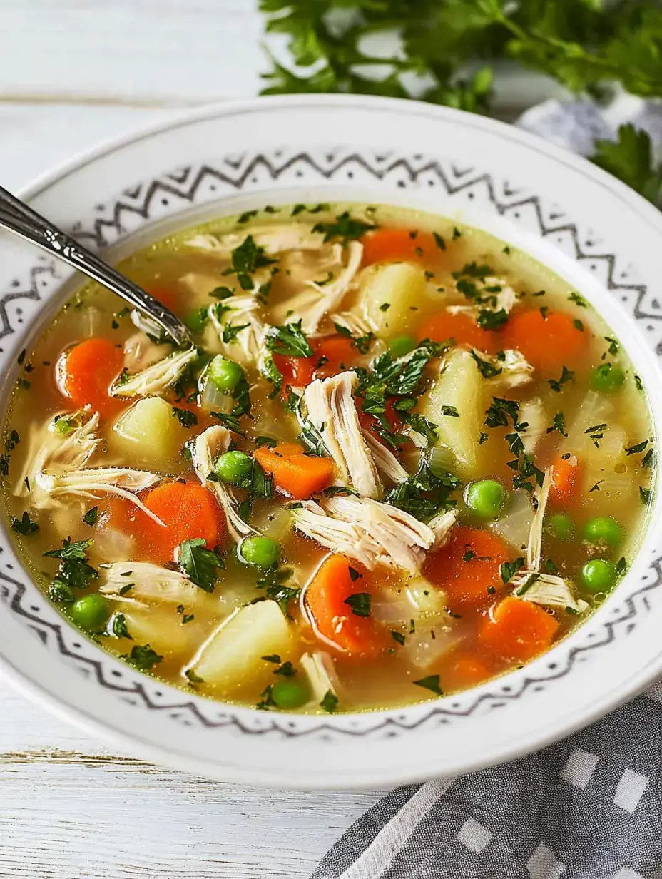 Un bol rempli de potage avec du poulet et des légumes colorés comme des carottes, petits pois et pommes de terre, parsemé de persil.