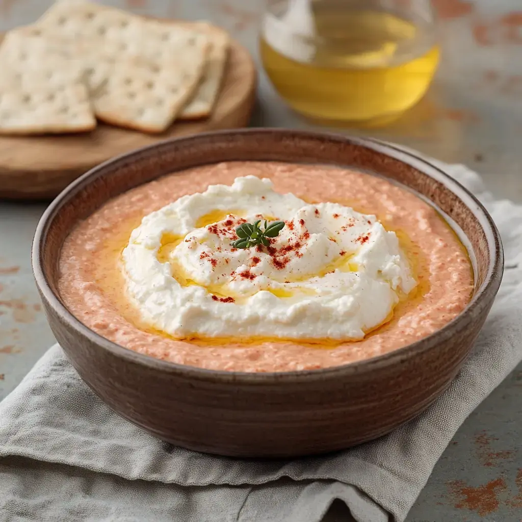 Un bol de soupe crémeuse à la tomate, garnie de crème, d'huile d'olive, de paprika et d'un brin de thym, accompagné de crackers croustillants sur une planche en bois.