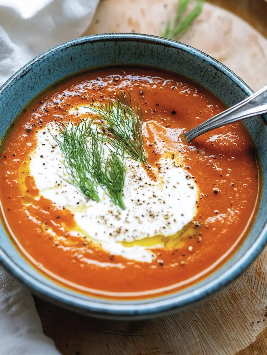 Un bol de soupe de tomates crémeuse, garnie d'une touche de crème, d'aneth et de poivre.