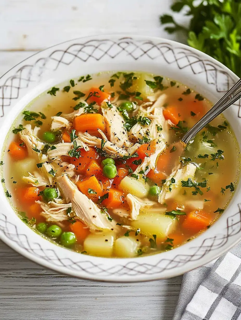 Un bol de potage au poulet garni de légumes colorés comme carottes, petits pois et pommes de terre, décoré d'herbes fraîches.