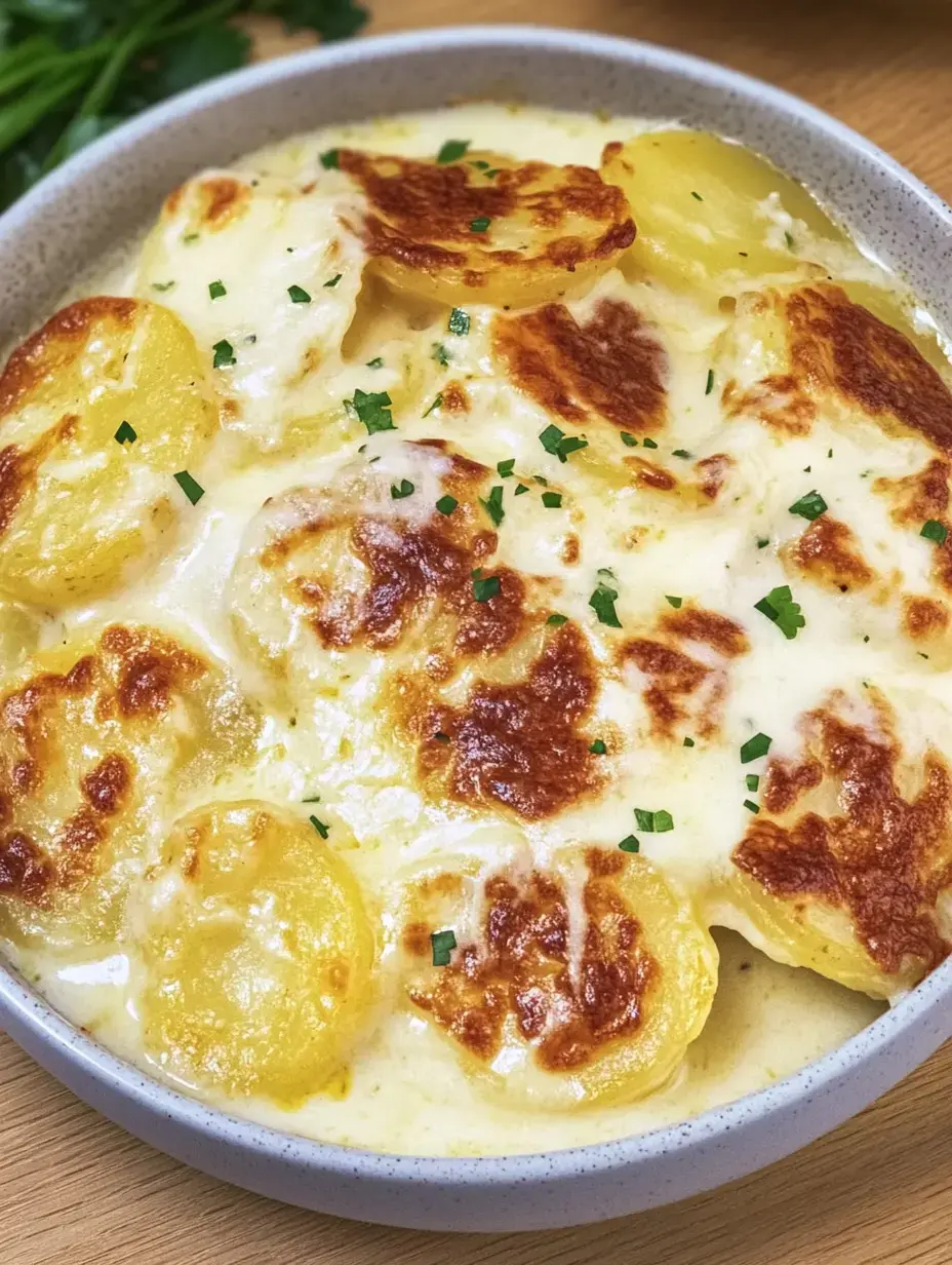 Un morceau de gratin de pommes de terre baigné dans une sauce crémeuse, garni d'herbes fraîches.