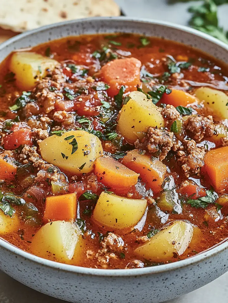 Un bol rempli d'un délicieux ragoût avec patates, carottes, tomates et viande hachée, parsemé d'herbes fraîches.