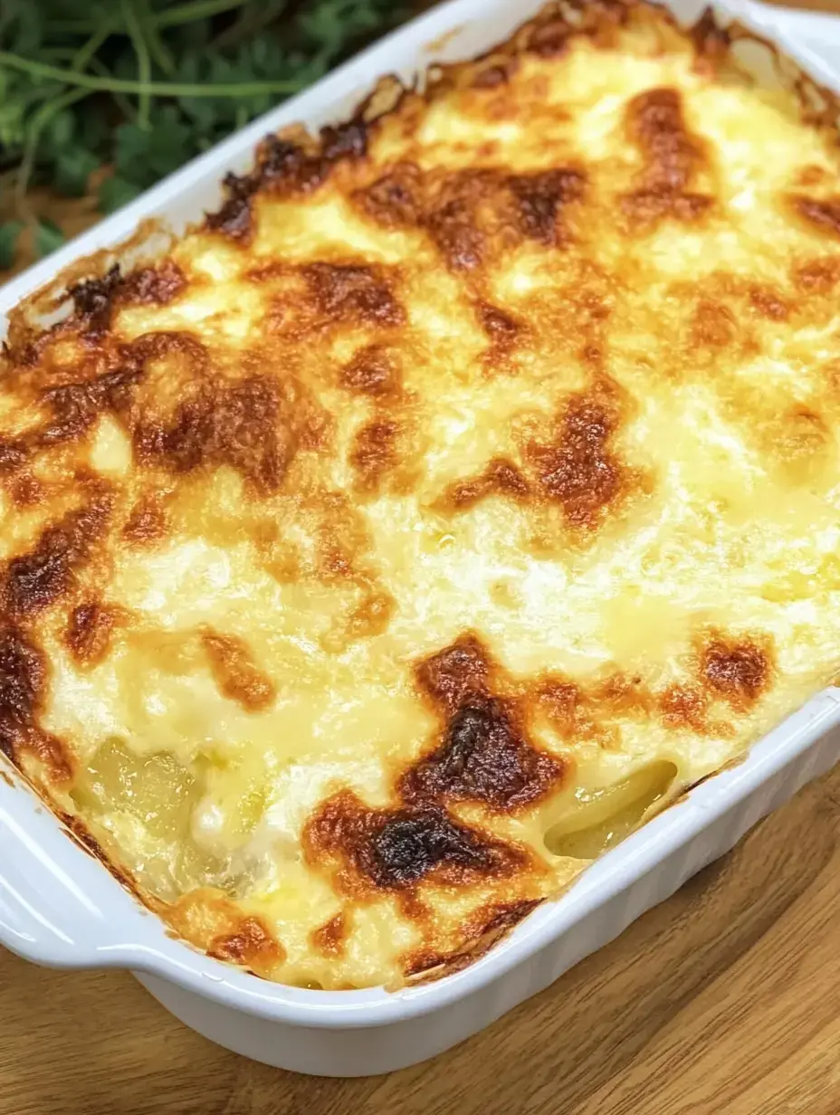 Un gratin bien doré servi dans un plat blanc, entouré d'herbes aromatiques.
