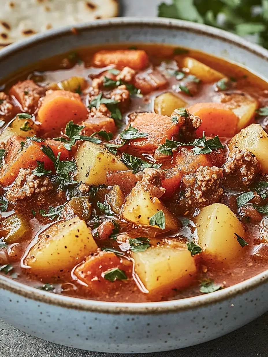 Un bol garni d'un ragoût appétissant de patates, carottes, viande hachée avec des herbes fraîches.
