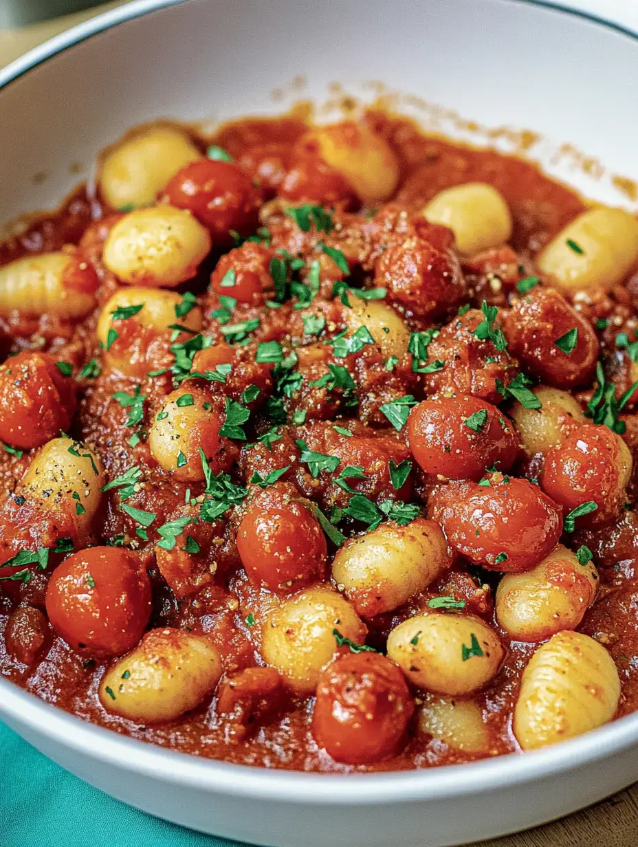 Un bol de gnocchis nappés de sauce tomate, parsemés de persil frais.