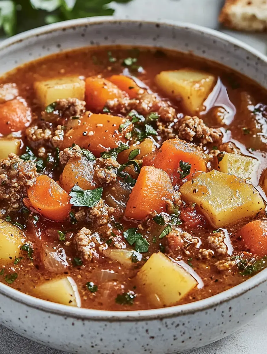 Un bol contenant un ragoût nourrissant de viande hachée, patates, carottes avec des herbes fraîches.