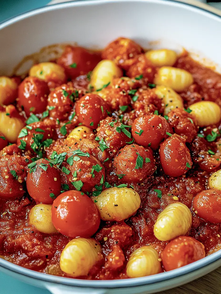 Un bol blanc rempli de tomates cerises rouges et gnocchis dorés dans une sauce tomate, avec du persil frais par-dessus.
