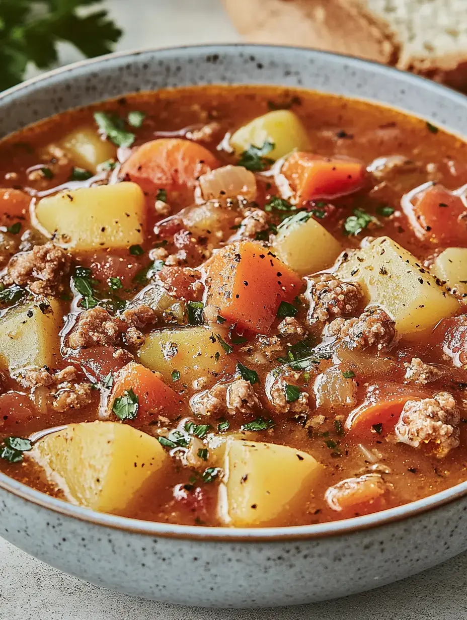 Un bol de ragoût appétissant, rempli de patates, carottes, oignons et viande hachée, décoré d'herbes fraîches.