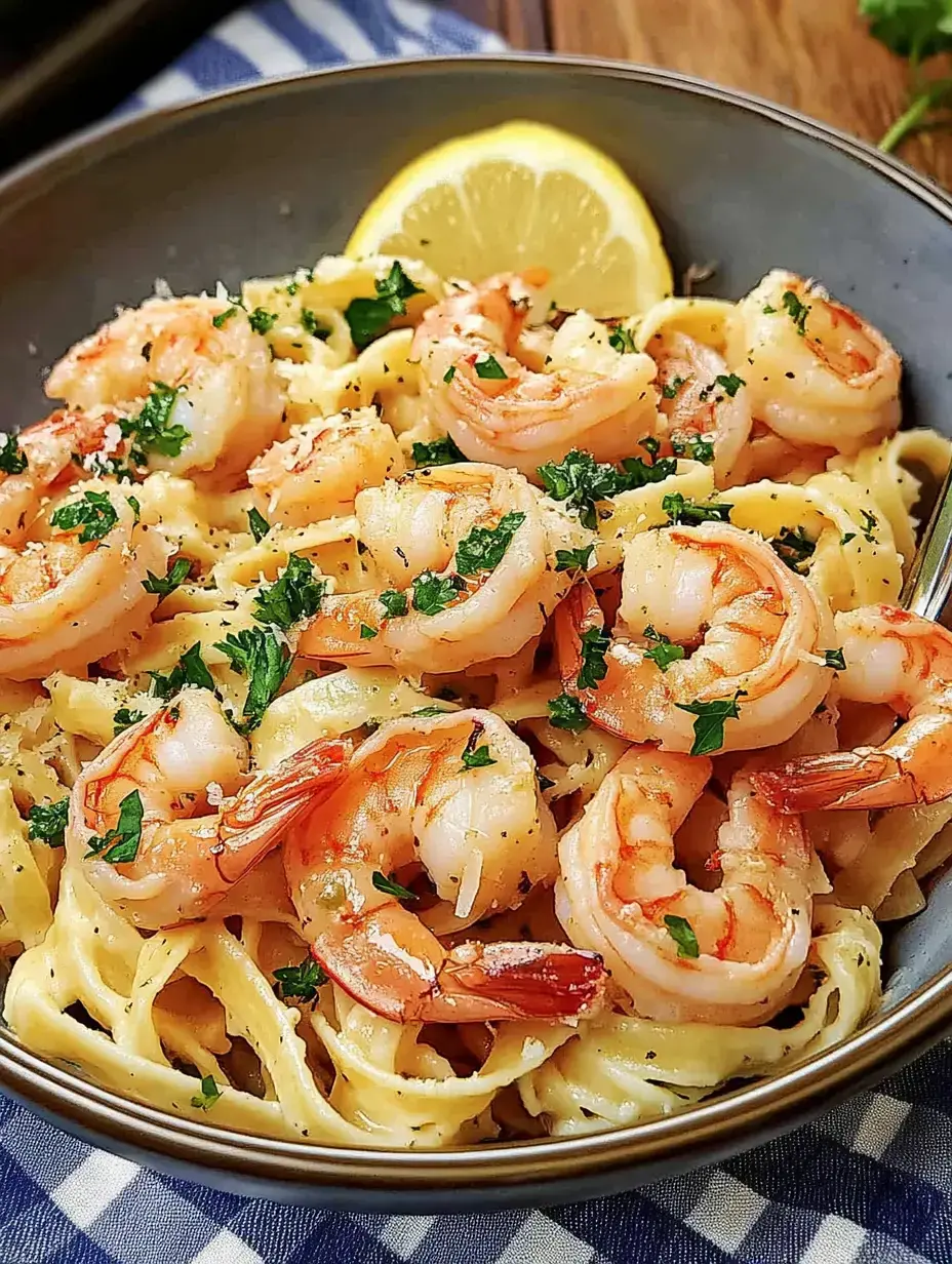 Une assiette appétissante de fettuccine, couronnée de crevettes roses et de persil frais, accompagnée d'un quartier de citron.